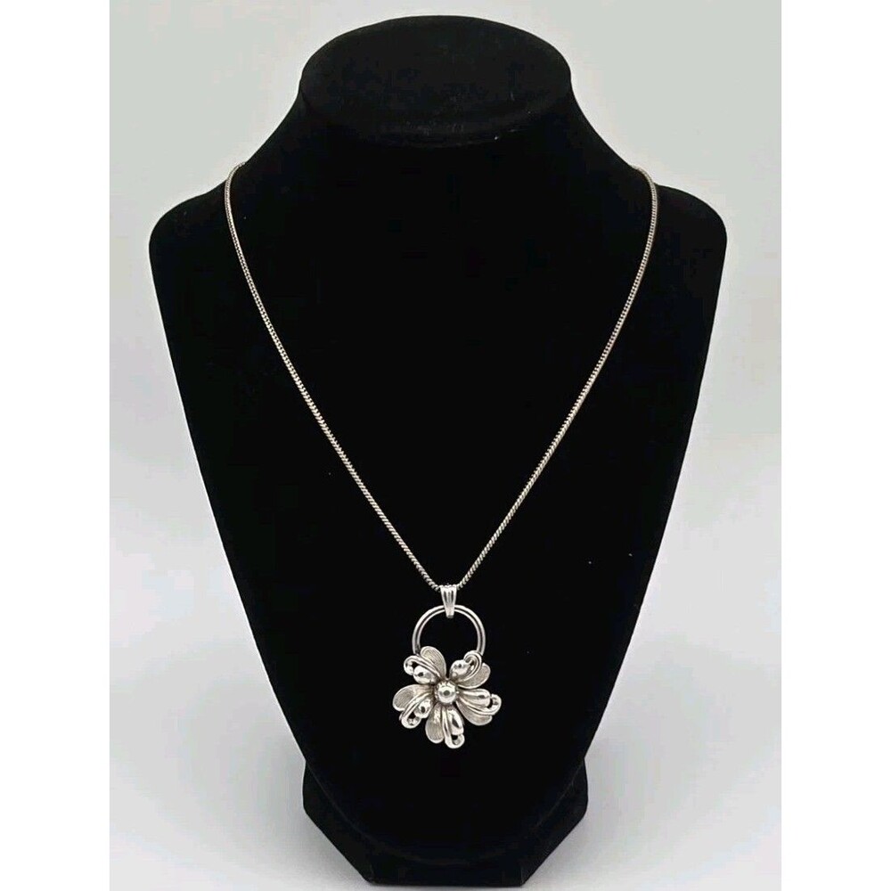 Vintage Non-Magnetic Silver Tone Flower Pendant Snake Chain Necklace 17"